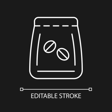 Kahve çekirdeği koyu renk tema için beyaz doğrusal ikon paketliyor. Espresso demlemek için paket. Çekirdekli paket. İnce çizgi özelleştirilebilir illüstrasyon. Gece modu için izole vektör kontur sembolü. Düzenlenebilir vuruş