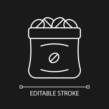 Kahve çuvalları koyu renk tema için beyaz doğrusal simge. Ticari üretim için poşette kızarmış fasulye. İnce çizgi özelleştirilebilir illüstrasyon. Gece modu için izole vektör kontur sembolü. Düzenlenebilir vuruş