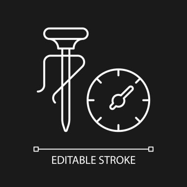 Koyu tema için süt termometresi beyaz doğrusal simge. Sıcaklığı ölçmek için profesyonel bir araç. İnce çizgi özelleştirilebilir illüstrasyon. Gece modu için izole vektör kontur sembolü. Düzenlenebilir vuruş
