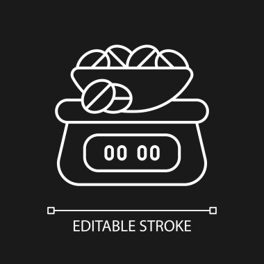 Koyu renk tema için beyaz kahve ölçekli doğrusal simge. Fasulye ağırlığını ölçmek için alet. İnce çizgi özelleştirilebilir illüstrasyon. Gece modu için izole vektör kontur sembolü. Düzenlenebilir vuruş