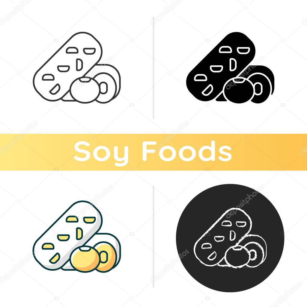 Tempeh icon. Soy beans preparing options. Vegeterian meals cooking. Natural meals from vegetables. Healthy nutrition diet. Linear black and RGB color styles. Isolated vector illustrations