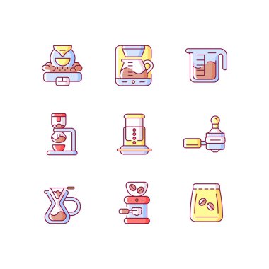 Kafe gereçleri RGB renk simgeleri ayarlandı. Fasulye işleme için profesyonel kızartma makinesi. Kafe için espresso makinesi. İzole vektör çizimleri. Espresso basit doldurulmuş çizgi çizimleri koleksiyonu yapıyor