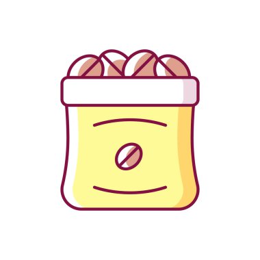 Kahve çuvalları RGB renk ikonu. Ticari üretim için poşette kızarmış fasulye. Espresso hazırlığı için ürün. İzole vektör çizimi. Barista aksesuarları basit doldurulmuş çizgi çizimleri