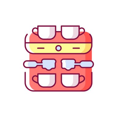 Profesyonel kahve makinesi RGB renk ikonu. Espresso makinesi. Kahve dükkanı, profesyonel alet. Kadehlere doldurun. İzole vektör çizimi. Barista aksesuarları basit doldurulmuş çizgi çizimleri