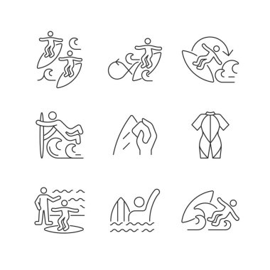 Yüzeydeki su sporu lineer simgeleri ayarlandı. Arkadaşımla sörf yapıyordum. Roundhouse kesintisi yapıyorum. Sörf tahtası cilası. Özelleştirilebilir ince çizgi şekilleri. İzole vektör çizimi çizimleri. Düzenlenebilir vuruş