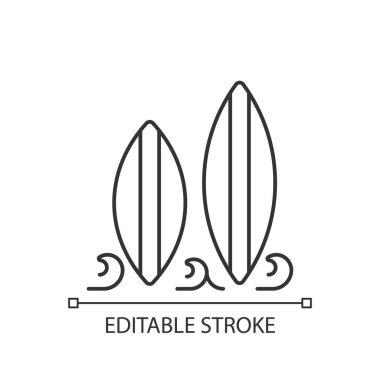 Sörf tahtası doğrusal simgesi. Sörf sporu için uzun ve dar bir tahta. Eğlence amaçlı aktivite. İnce çizgi özelleştirilebilir illüstrasyon. Contour sembolü. Vektör izole çizim. Düzenlenebilir vuruş