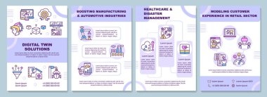 Dijital ikiz çözümler broşürü. Üretimi arttırıyorum. Broşür, broşür, broşür baskısı, doğrusal simgelerle kaplama tasarımı. Sunum için vektör düzenleri, yıllık raporlar, reklam sayfaları