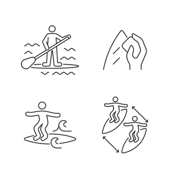 在海洋线形图标设置中使用波浪 跳板冲浪 冲浪板蜡 穿刺技术 可定制的细线轮廓符号 孤立的矢量轮廓图解 可编辑笔划 — 图库矢量图片