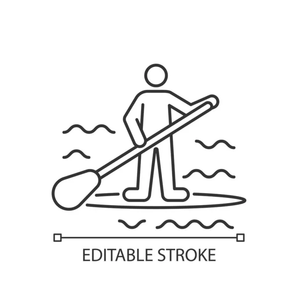 Paddle board surfing linear icon. SUP surfing. Upper body training. Require balance, coordination. Thin line customizable illustration. Contour symbol. Vector isolated outline drawing. Editable stroke