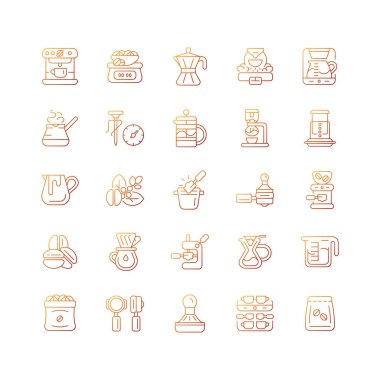 Kahve ve kahve aksesuarları doğrusal vektör ikonları ayarlandı. Damlatma makinesi. Fransız presi. Kafe aletleri. İnce çizgili sembol demetleri. İzole vektör ana hatları illüstrasyon koleksiyonu