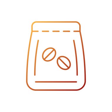 Kahve çekirdeği gradyan doğrusal vektör simgesi. Espresso demlemek için paket. Kavrulmuş tohumlarla dolu bir paket. İnce çizgi renkli semboller. Modern tarz pictogram. Vektör izole çizimi