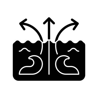 Akım siyah kabartma simgesini parçala. Sörfçü için potansiyel tehlikeli tehdit. Dalgalardaki düz nokta. Dalgaları kırma eyleminden oluşum. Beyaz uzayda siluet sembolü. Vektör izole illüstrasyonu