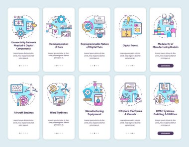 Dijital ikiz mobil uygulama sayfası seti. Modern teknolojiler kavramlarla birlikte 5 aşamalı grafik talimatları inceliyor. UI, UX, doğrusal renk çizimleri olan GUI vektör şablonu