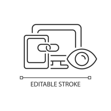 Çapraz aygıt takip doğrusal simgesi. Farklı platformlarda hedeflenmiş reklamlar sağlayın. İnce çizgi özelleştirilebilir illüstrasyon. Contour sembolü. Vektör izole çizim. Düzenlenebilir vuruş