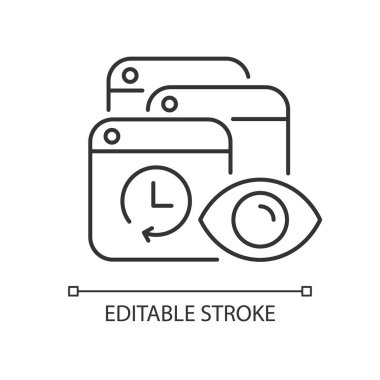 Arama geçmişi doğrusal simgesi takip ediliyor. Özel tarama faaliyetleri takip ediyor. Mahremiyet önlemleri. İnce çizgi özelleştirilebilir illüstrasyon. Contour sembolü. Vektör izole çizim. Düzenlenebilir vuruş