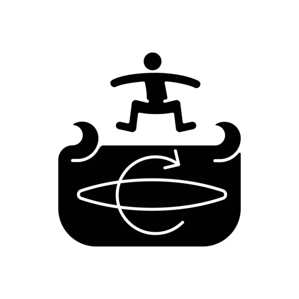 踢翻冲浪技术黑色字形图标 在冲浪板上表演翻筋斗把戏 板顺时针旋转 浪花飘扬 白色空间上的轮廓符号 矢量孤立的说明 — 图库矢量图片