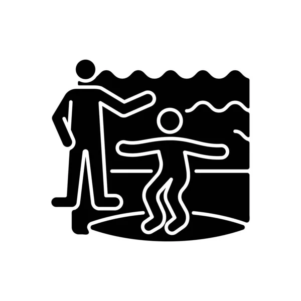 冲浪课黑色字形图标 参加冲浪课程从经验丰富的冲浪运动员 学习过程 学习冲浪礼仪和技巧 白色空间上的轮廓符号 矢量孤立的说明 — 图库矢量图片