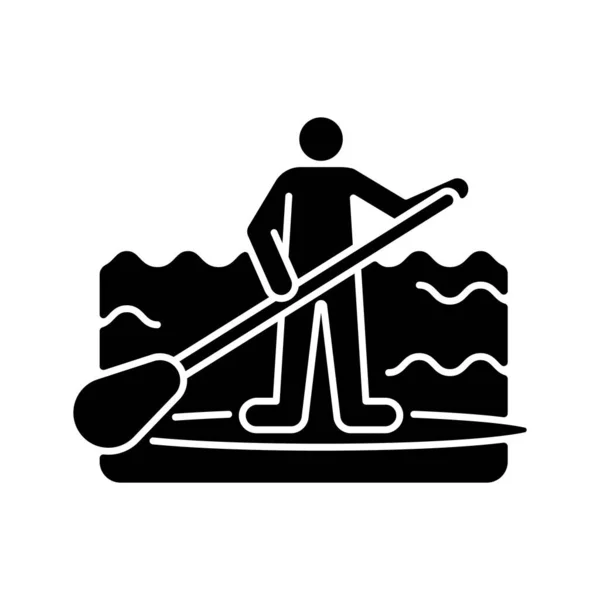 Paddle board surfing black glyph icon. SUP surfing. Upper body training. Requiring balance, coordination. Travel across water on board. Silhouette symbol on white space. Vector isolated illustration