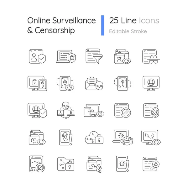 Vigilância Online Censura Conjunto Ícones Lineares Garantir Contas Anúncio Direcionado — Vetor de Stock