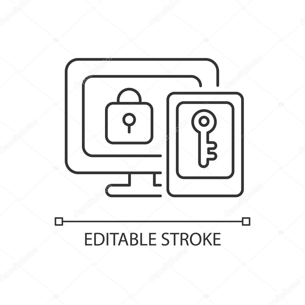 Multi-factor authentication linear icon. Providing two verification factors. Entering password. Thin line customizable illustration. Contour symbol. Vector isolated outline drawing. Editable stroke