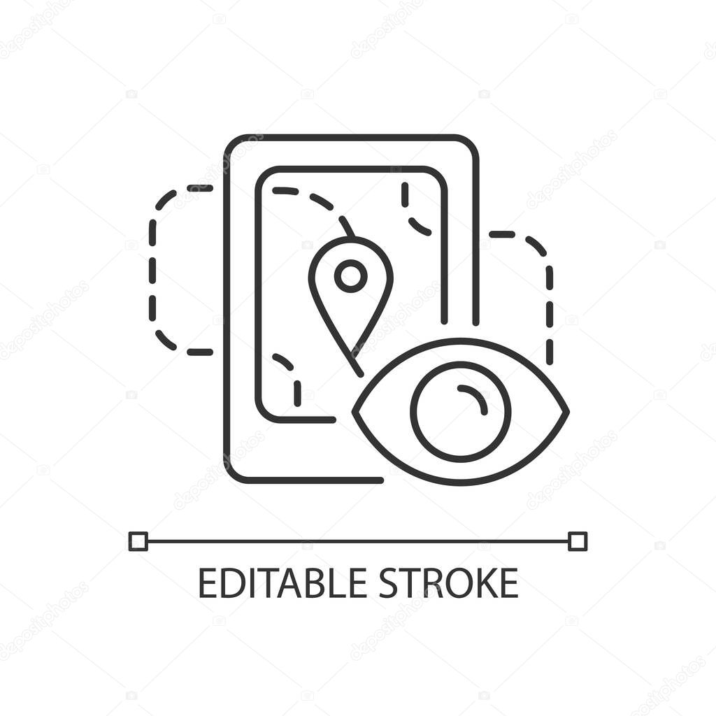 Location tracking linear icon. Trailing people movement through GPS navigation. Map in real-time. Thin line customizable illustration. Contour symbol. Vector isolated outline drawing. Editable stroke