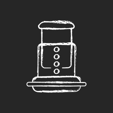 Hava basıncı kahve pompası koyu arkaplanda beyaz tebeşir ikonu. Espresso yapmak için profesyonel pompa. İçkiyi hazırlamak için uçak. Siyah üzerine izole edilmiş vektör çizimi