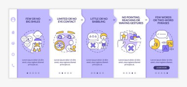 Otizm spektrum bozukluğu olan çocuklar vektör şablonunda. Simgeli ilgili mobil web sitesi. Web sayfasında 5 basamaklı ekranlar. Doğrusal çizimlerle el sallama renk kavramı yok