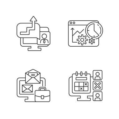 Çalışma izleyicileri doğrusal simgeler ayarlandı. Zaman yönetimi stratejisi. Çalışan yokluğu takvimde işaretli. Özelleştirilebilir ince çizgi şekilleri. İzole vektör çizimi çizimleri. Düzenlenebilir vuruş