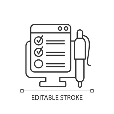 Çevrimiçi doğrusal simge oluştur. Görev için kontrol listesi. Kontrol listeli internet anketi. İnce çizgi özelleştirilebilir illüstrasyon. Contour sembolü. Vektör izole çizim. Düzenlenebilir vuruş