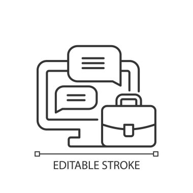 İş yeri sohbet lineer simgesi. Uzaktan çalışan için iş sohbeti. İş arkadaşlarıyla iletişim. İnce çizgi özelleştirilebilir illüstrasyon. Contour sembolü. Vektör izole çizim. Düzenlenebilir vuruş