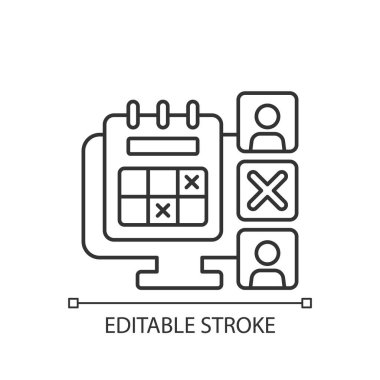 Yokluk takvim doğrusal simgesi. Çalışan izinleri ve izinlerini uzaktan takip etmek. İzleme işi. İnce çizgi özelleştirilebilir illüstrasyon. Contour sembolü. Vektör izole çizim. Düzenlenebilir vuruş