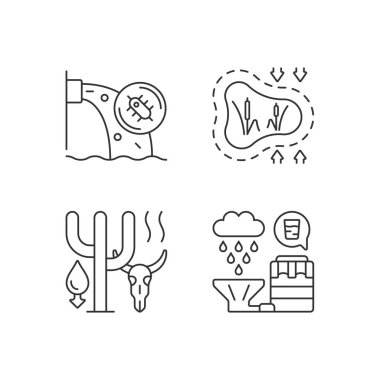 Dünya çapında yükselen su talep doğrusal simgeleri belirlendi. Su kirliliği. Kaybolan sulak alanlar. Özelleştirilebilir ince çizgi şekilleri. İzole vektör çizimi çizimleri. Düzenlenebilir vuruş