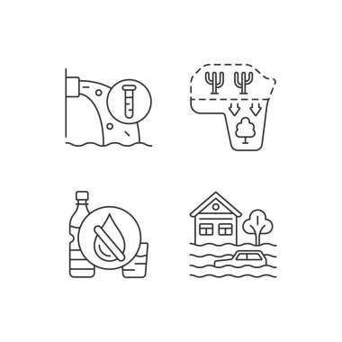 Su gerilimi doğrusal simgeleri ayarlandı. Çöl genişlemesi. Şehir yönetiminden. İçme suyu yok. Özelleştirilebilir ince çizgi şekilleri. İzole vektör çizimi çizimleri. Düzenlenebilir vuruş