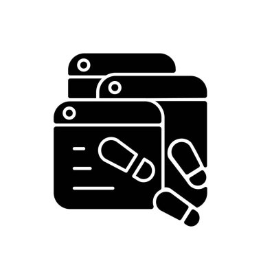 Dijital iz siyah kabartma simgesi. Veri ayak izleri. Kullanıcılardan özel bilgi topluyorum. İzlenebilir dijital aktiviteler. Özel yapım reklamlar. Beyaz uzayda siluet sembolü. Vektör izole illüstrasyonu