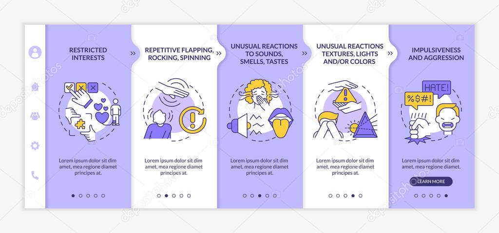 Autism diagnosis onboarding vector template. Responsive mobile website with icons. Web page walkthrough 5 step screens. Repetitive movements, impulsiveness color concept with linear illustrations