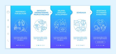 Asperger sendromu, vektör şablonunda işaretler. Simgeli ilgili mobil web sitesi. Web sayfasında 5 basamaklı ekranlar. Doğrusal çizimlerle rutin renk kavramındaki değişikliklere direnç