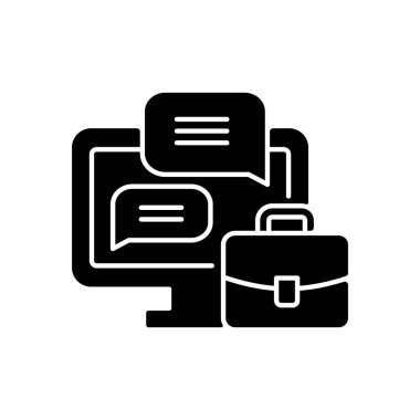 İş yeri sohbet siyah glyph simgesi. Uzaktan çalışan için iş sohbeti. İş arkadaşlarıyla iletişim. Uzaktan işbirliği. İzleme işi. Beyaz uzayda siluet sembolü. Vektör izole illüstrasyonu