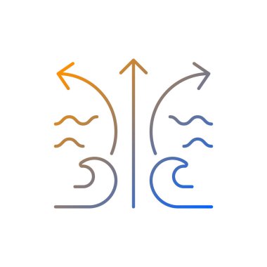 Akım dalga gradyan doğrusal vektör simgesini yırt. Sörfçü için potansiyel tehlikeli tehdit. Dalgalardaki düz nokta. Sörf bölgesi. İnce çizgi renkli semboller. Modern tarz pictogram. Vektör izole çizimi