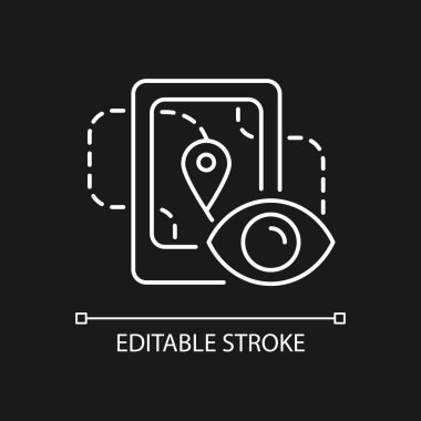 Koyu tema için beyaz doğrusal simgeyi izleme konumu. GPS ile hareket eden insanları takip et. İnce çizgi özelleştirilebilir illüstrasyon. Gece modu için izole vektör kontur sembolü. Düzenlenebilir vuruş