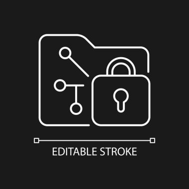 Karanlık tema için veri şifreleme beyaz doğrusal simgesi. Veriler şifrelenmiş bilgiye dönüştürülüyor. İnce çizgi özelleştirilebilir illüstrasyon. Gece modu için izole vektör kontur sembolü. Düzenlenebilir vuruş