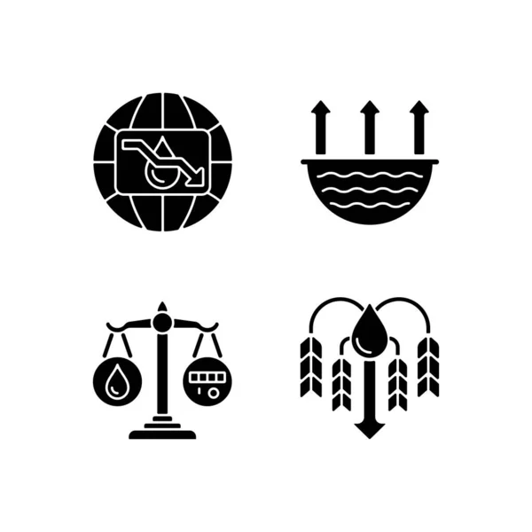 Suffering Water Shortage Black Glyph Icons Set White Space Evaporation — Stock Vector