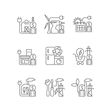 Elektrik enerjisi maliyeti doğrusal simgeler ayarlandı. Cihaz geri dönüşüm programı. Elektrik tüketim fiyatı. Özelleştirilebilir ince çizgi şekilleri. İzole vektör çizimi çizimleri. Düzenlenebilir vuruş