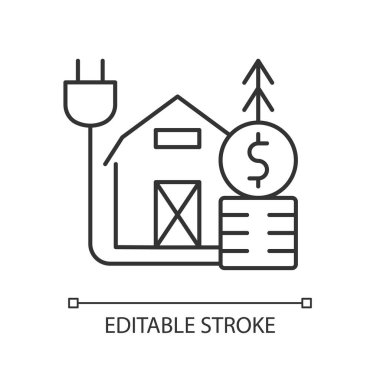Kırsal enerji fiyatları doğrusal simgesi. Köylerde ve ülke saraylarında elektrik tüketimi. İnce çizgi özelleştirilebilir illüstrasyon. Contour sembolü. Vektör izole çizim. Düzenlenebilir vuruş