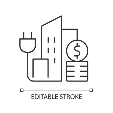 Şehir enerji fiyatları doğrusal simgesi. Binalar için elektrik hizmeti. Enerji alışverişi. İnce çizgi özelleştirilebilir illüstrasyon. Contour sembolü. Vektör izole çizim. Düzenlenebilir vuruş