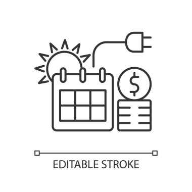 Yaz doğrusal ikonunda enerji fiyatlandırması. Mevsimlik elektrik maliyeti. Enerji alışverişi. İnce çizgi özelleştirilebilir illüstrasyon. Contour sembolü. Vektör izole çizim. Düzenlenebilir vuruş