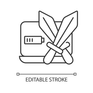 Dövüş oyunları doğrusal simgesi. Karakterler arasında dövüşmeyi de içeren özel bir tür. İnce çizgi özelleştirilebilir illüstrasyon. Contour sembolü. Vektör izole çizim. Düzenlenebilir vuruş