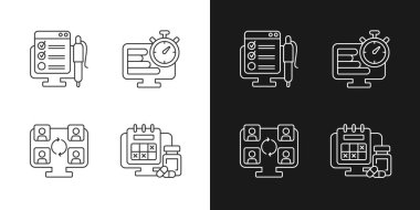 Karanlık ve aydınlık mod için uzak çalışma doğrusal simgeleri takip ediliyor. Kontrol listesiyle çevrimiçi form. Özelleştirilebilir ince çizgi sembolleri. İzole vektör çizimi çizimleri. Düzenlenebilir vuruş