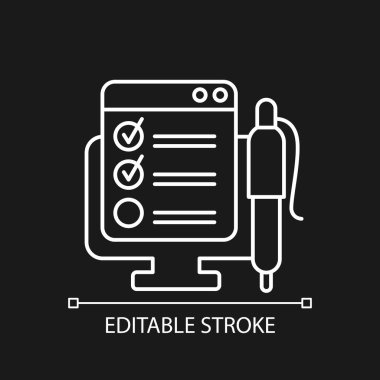 Karanlık tema için çevrimiçi beyaz doğrusal simge oluştur. Proje görevi için kontrol listesi. Gözetleme araçları. İnce çizgi özelleştirilebilir illüstrasyon. Gece modu için izole vektör kontur sembolü. Düzenlenebilir vuruş