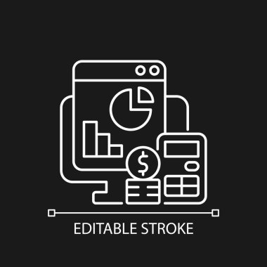 Koyu tema için maliyet yönetimi beyaz doğrusal simgesi. İş finans planlaması. Gözetleme araçları. İnce çizgi özelleştirilebilir illüstrasyon. Gece modu için izole vektör kontur sembolü. Düzenlenebilir vuruş