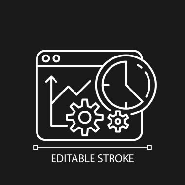 Karanlık tema için beyaz doğrusal zaman analizi simgesi. İş yönetimi stratejisi. Gözetleme araçları. İnce çizgi özelleştirilebilir illüstrasyon. Gece modu için izole vektör kontur sembolü. Düzenlenebilir vuruş